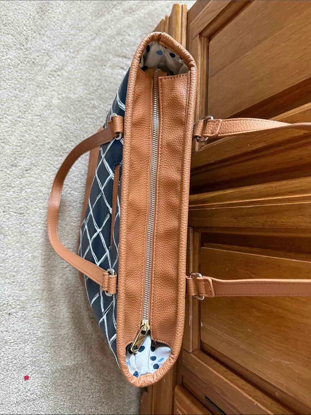 Navy & Tan Tote Bag with Lattice Pattern
